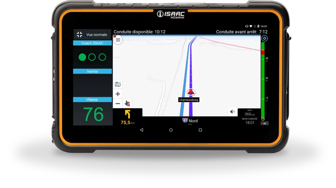 ISAAC-InControl-FR ISAAC InControl tablet displaying a GPS navigation map with driving metrics and route guidance.